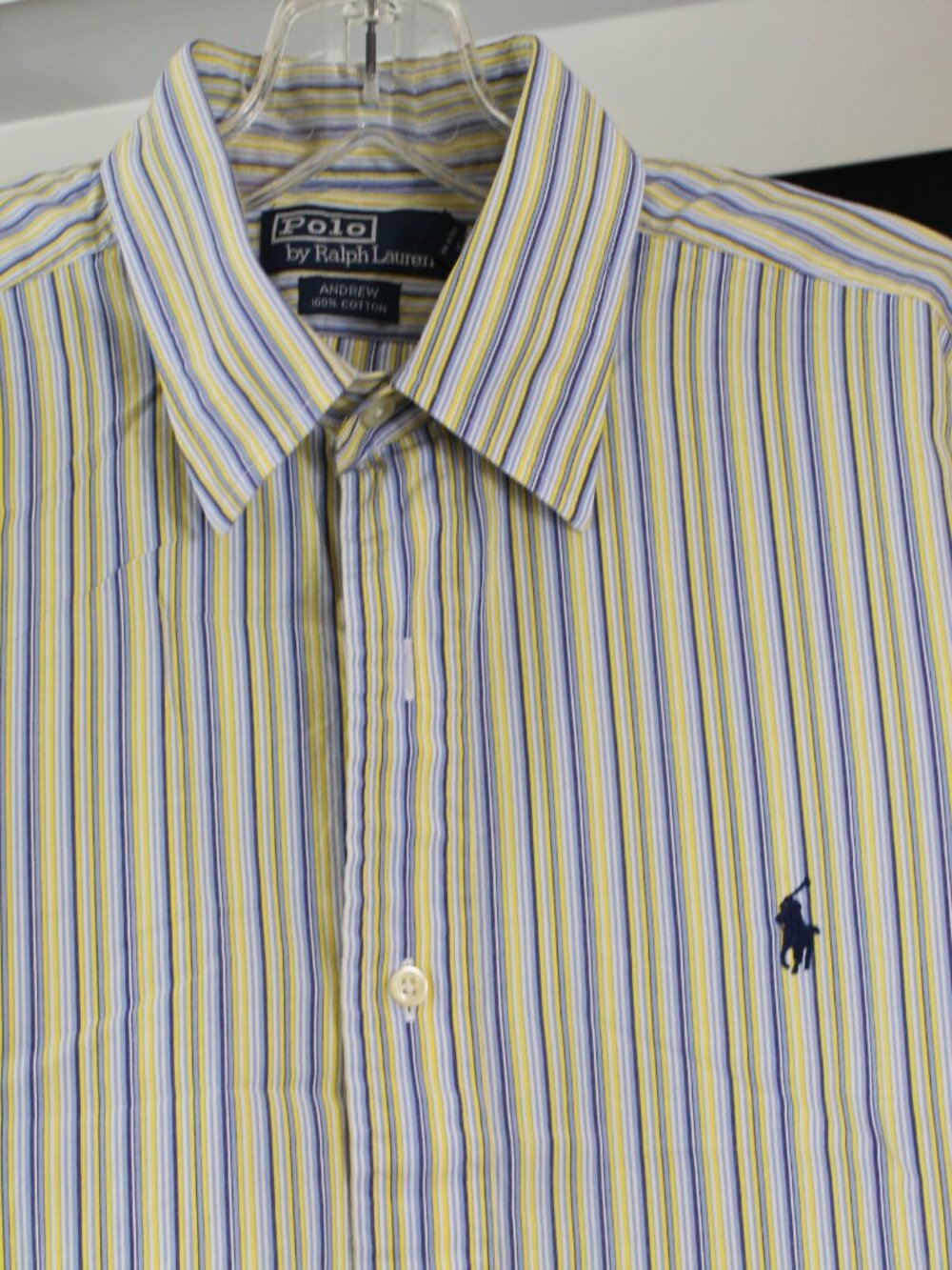 Polo Ralph Lauren Andrew Dress Shirt 16 32/33 Blue Yellow Stripe Cotton
